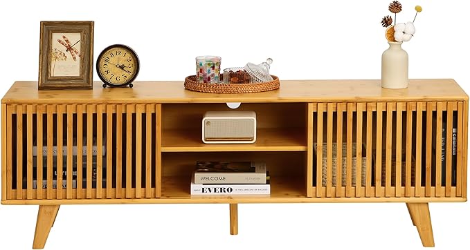 Bamboo TV Stand for TVs up to 65", Accent Entertainment Center with Storage, Media Console Table with Sliding Fence Door, Modern TV Stand for Living Room, Bedroom, 55"(L), Burlywood