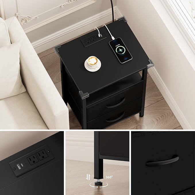 Vagusicc NightStand with Charger Station, LED Night Stand with 2 Fabric Drawers & Storage Shelf, Small Nightstands Bedside Table with USB Ports & Outlets, 24.2" Tall Bed Side Tables for Bedroom, Black
