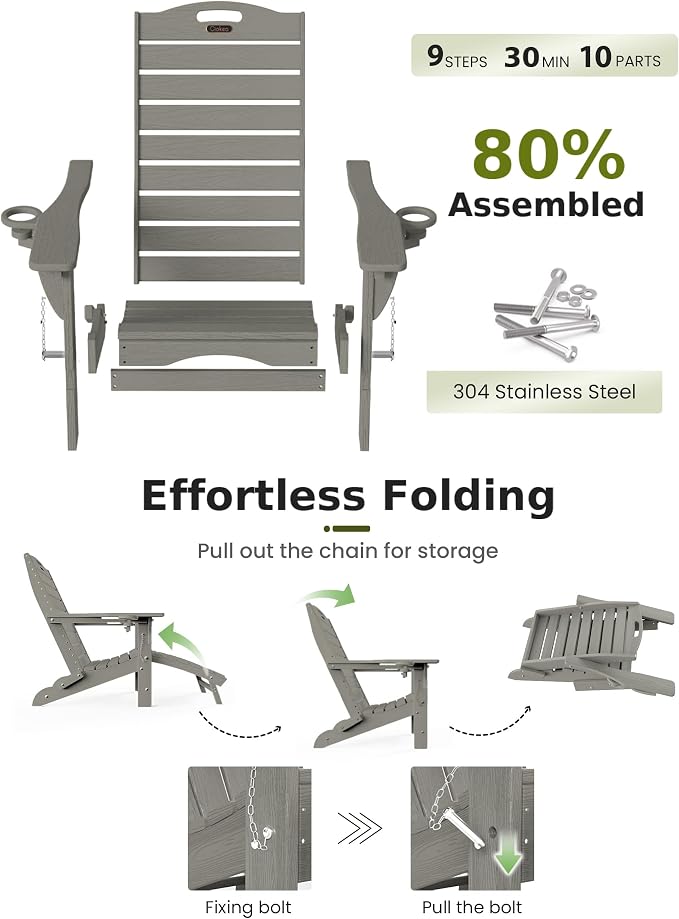 Ciokea Folding Adirondack Chair Set of 2 with Retractable Ottoman Fire Pit Patio Chair with Pull Out Foot Rest Weather Resistant Lawn Outdoor Chair with 2 Cup Holder (Gray)