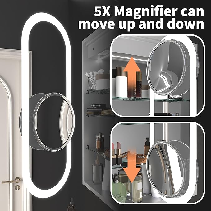ExBrite 24x32 LED Lighted Medicine Cabinet with Mirror, Front & Backlit, Night Light, Clock & Temp Display, Defog, 5X Magnifier, 3-Color Dimmable LED, Surface or Recessed Mount, Hinge On the Left