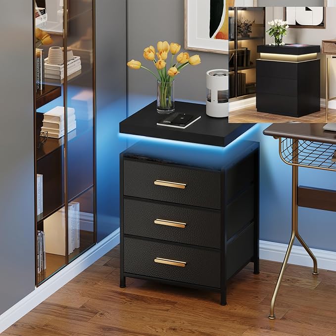 DreamDashio Nightstand Set of 2 with LED Lights, 3 Fabric Storage Drawers with PU Finish, Floating Top Design, Bedside Table with Open Shelf, End Table for Bedroom, Living Room, Office Black