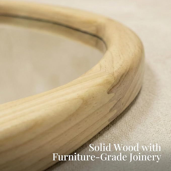 Natural Wood Round Wall Mirror 30 Inch, Large Solid Wood Framed Mirror with Wavy Inner Edge for Bathroom Vanity, Living Room & Organic Boho Decor