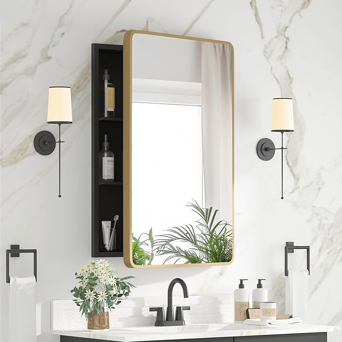 Medicine Cabinet 20 x 28 Inch, Brush Gold Bathroom Medicine Cabinet with Mirror,Metal Beveled Mirror, Adjustable Shelves, Recessed or Wall Mount, Sturdy & Solid, Bathroom Mirror with Storage