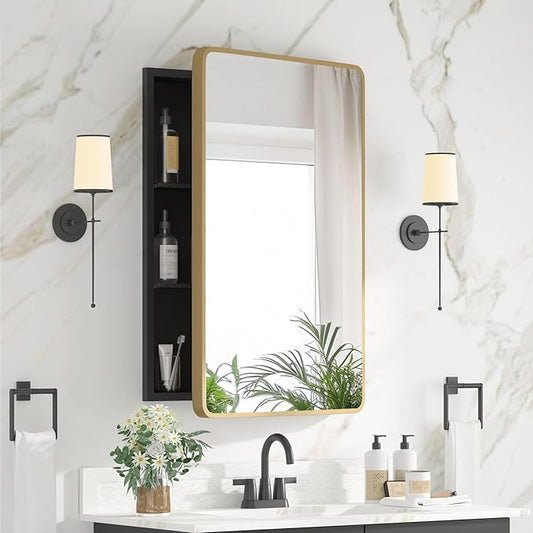 Medicine Cabinet 20 x 28 Inch, Brush Gold Bathroom Medicine Cabinet with Mirror,Metal Beveled Mirror, Adjustable Shelves, Recessed or Wall Mount, Sturdy & Solid, Bathroom Mirror with Storage