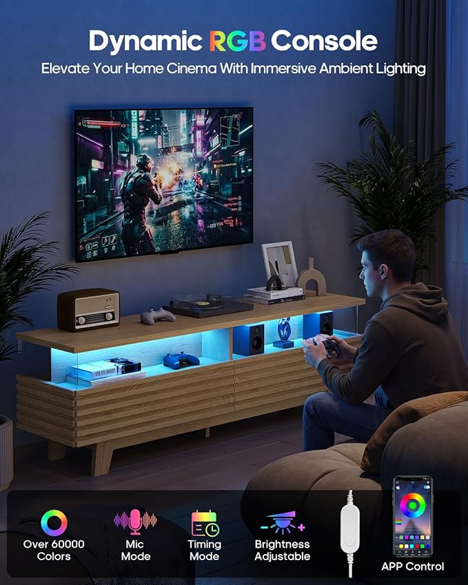 HAUOMS 59" TV Stand for Living Room with Cable Management, Hidden Power Station, LED Lights, Media Console up to 70", Entertainment Center, Fluted Modern TV Cabinet with Storage, Anti-Tip, Oak