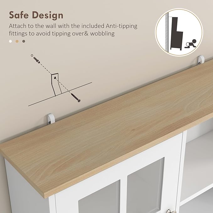 HOMCOM Kitchen Pantry Storage Cabinet, 72" Freestanding Cabinet with Hutch, Large Countertop, Glass Doors and Adjustable Shelves for Dining Room, White