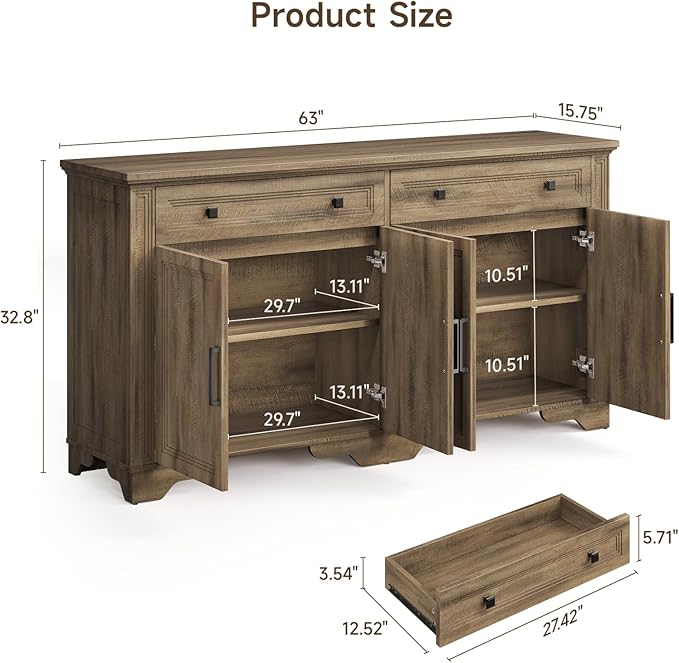 ONBRILL 63" Sideboard Buffet Cabinet, Kitchen Buffet Storage Cabinet, Large Credenza with Drawers & Doors, Wood Coffee Bar Console Wine Bar for Living Room Hallway Washed Brown