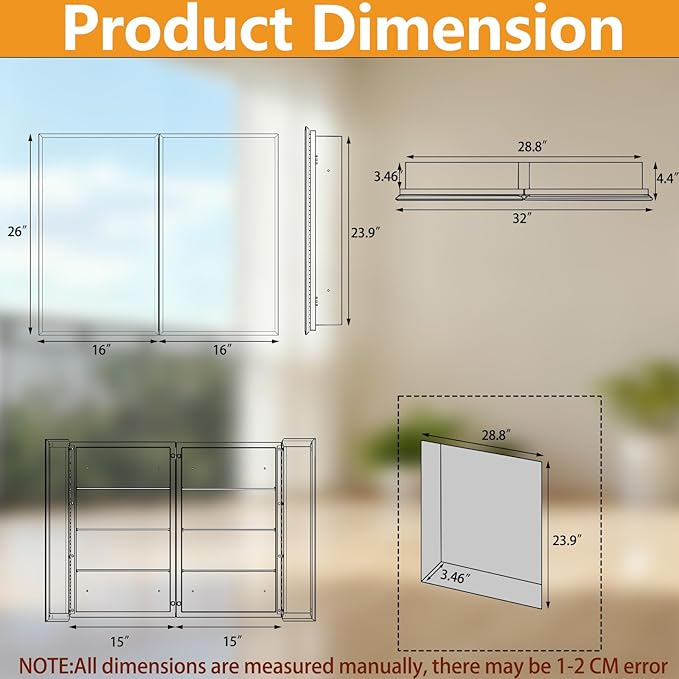 26 x 32 Inch Bathroom Medicine Cabinet with Double Mirror Doors, Recessed or Surface Mount Wall Cabinet for Bathroom, Plastic Frame & Removable Glass Shelves