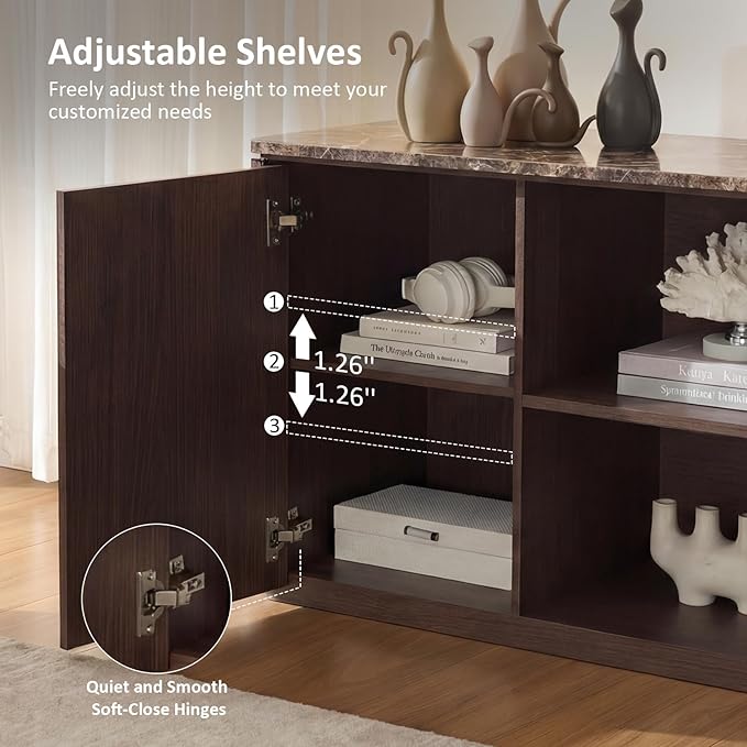 70" TV Stand, Modern Entertainment Center for TVs Up to 80", Fluted TV Console with Storage, Adjustable Shelves, Faux Marble Top, Curved Profile Design, Wood Media Console for Living Room, Brown Oak
