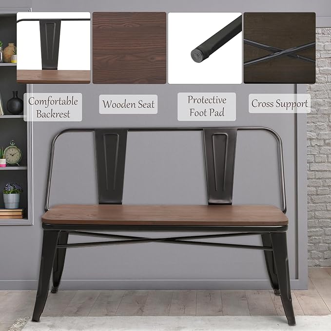 YOLENY Dining Bench, Entryway Bench with Back, Farmhouse Metal Dining Bench, Industrial Mid-Century 3 Person Rustic Spindle Bench, with Wood Seat, Removable Backrest, 42in, Black