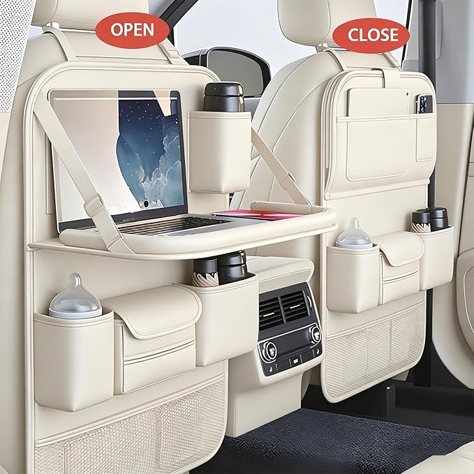 Universal Foldable Car Backseat Organizer with Table Tray, Car Seat Back Protector with Touch Screen Phone Holder, Premium Leather Kick Mats with Storage Pockets Tissue Holder (Beige)