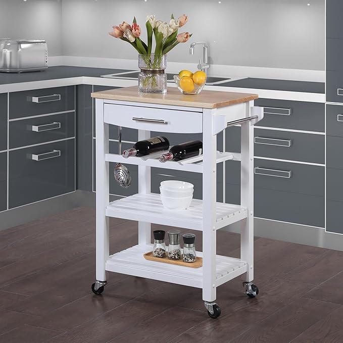 Convenience Concepts Ellaine Butcher Block Kitchen Cart 24.75" - 4 Tier Kitchen Island with Storage Drawer, Dining Room Wine Rack on Wheels, Coffee Station Table, Mobile Utility Trolley, White