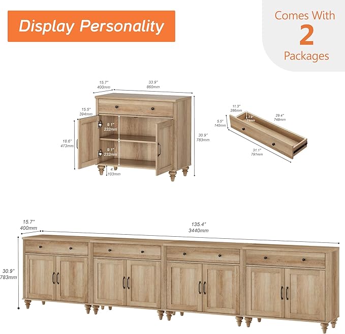 WAMPAT Large Buffet Cabinet with 8 Doors and 4 Drawers, Modern Coffee Bar Table Wood Kitchen Storage Cabinets, Farmhouse Sideboard Credenza for Dining Room, Oak, 134 inch