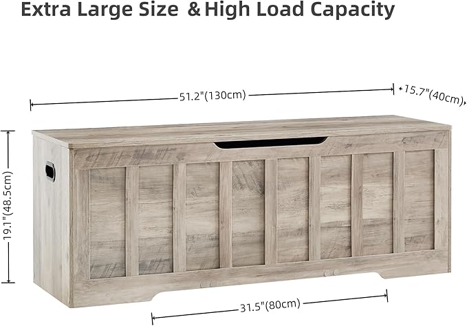 VANKILEY 51.2" Storage Chest Extra Large,Storage Bench with 2 Safety Hinges,Shoe Bench,51.2 * 15.7 * 19.1 inches,Wooden Trunk for Bedroom,livingroom,entryway,Supports 220 lb,Easy Assembly(Greige