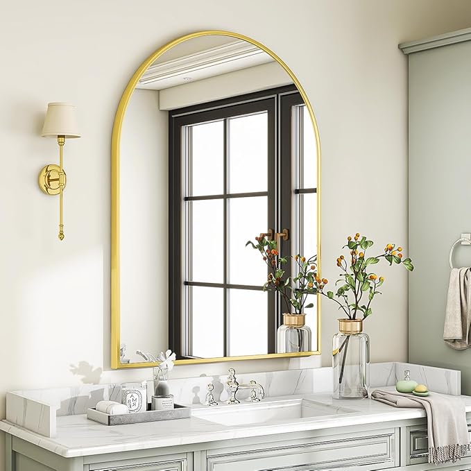 VooBang Arched Wall Mirror, 26 x 41 inch Arch Bathroom Mirror, Wall Mounted Vanity Mirror with Arch Metal Frame, Modern Bathroom Vanity Mirror for Bedroom, Living Room, Hanging or Leaning, Gold