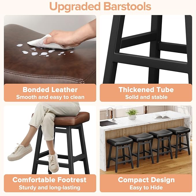 Raynesys Counter Height Bar Stools Set of 3, 24 Inch Barstools for Kitchen Counter, Kitchen Stools with Bonded Leather Saddle Seats & Heavy Duty Metal Legs, Easy Assembly, Brown/Black