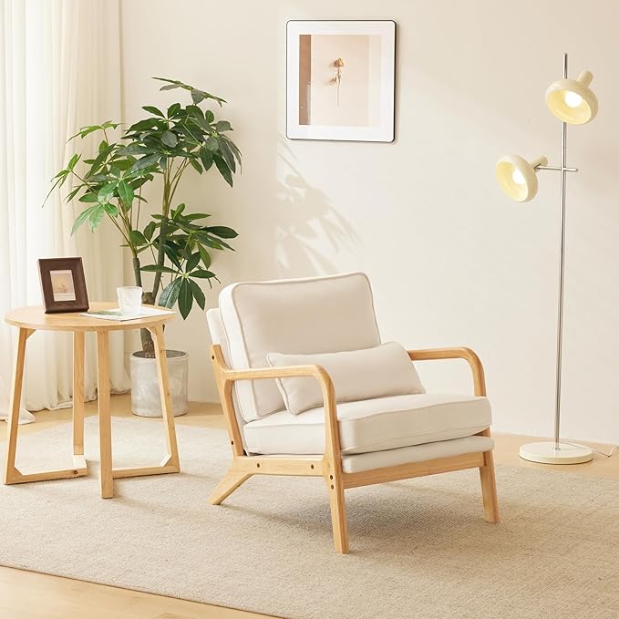 Bonnlo Coarse Beige Accent Chairs Set of 2, Upholstered Mid Century Modern Lounge Fabric Chairs Reading Chairs Side Sitting Chair Solid Wood Farmhouse Armchairs for Living Room, Bedroom, Guest Room