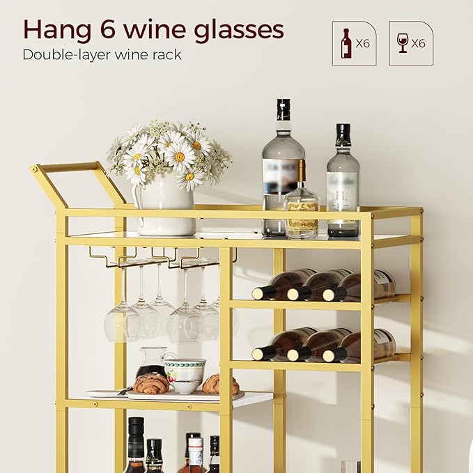 MAHANCRIS Bar Cart for Home, 3-Tier Serving Cart with Mirrored Top, Beverage Cart with Wine Rack and Glass Holder, Drink Cart with Wheels, for Dining Room, Living Room, Gold and White RCJM7101