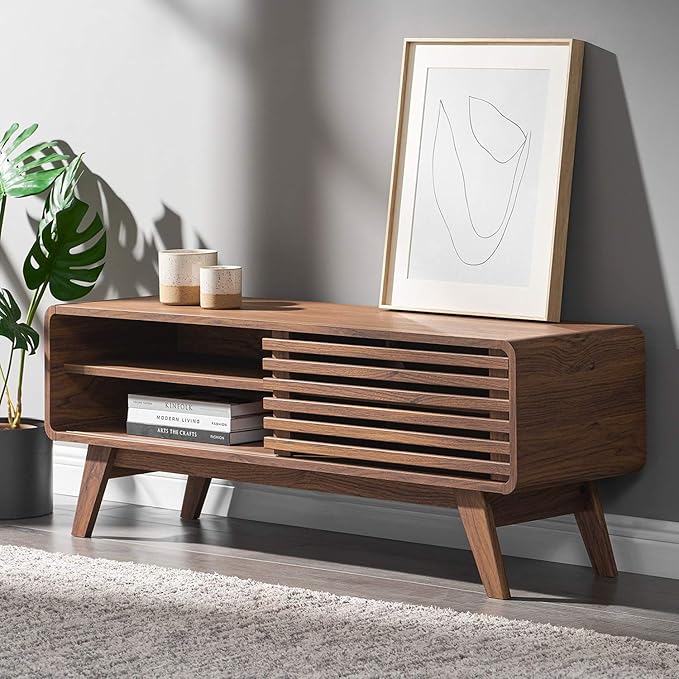 mopio Ensley 46" TV Stand with Slatted Door, Mid Century Modern Entertainment Center for 55/60/65 inch TV, Farmhouse Media Console with Storage, Adjustable Shelves, Round Edges, Living Room (Walnut)