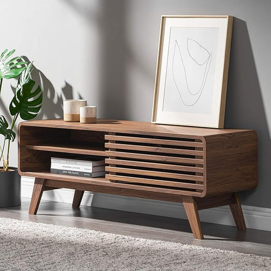 mopio Ensley 46" TV Stand with Slatted Door, Mid Century Modern Entertainment Center for 55/60/65 inch TV, Farmhouse Media Console with Storage, Adjustable Shelves, Round Edges, Living Room (Walnut)
