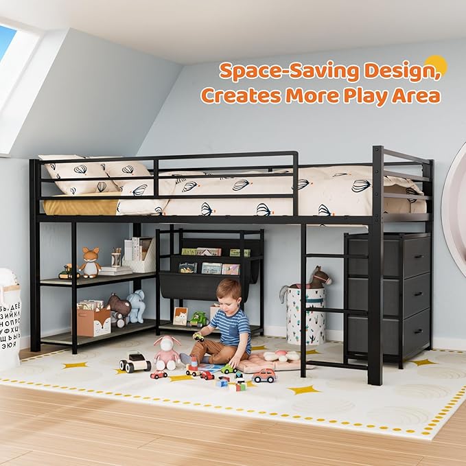 JOYMOR Low Loft Bed Twin Size with 3 Storage Drawers, 2 Tier Storage Shelves, 2 Tier Bookcase and LED Lights, Metal Kids Loft Bed with Safety Guardrail, Spave Saving Design (Black)