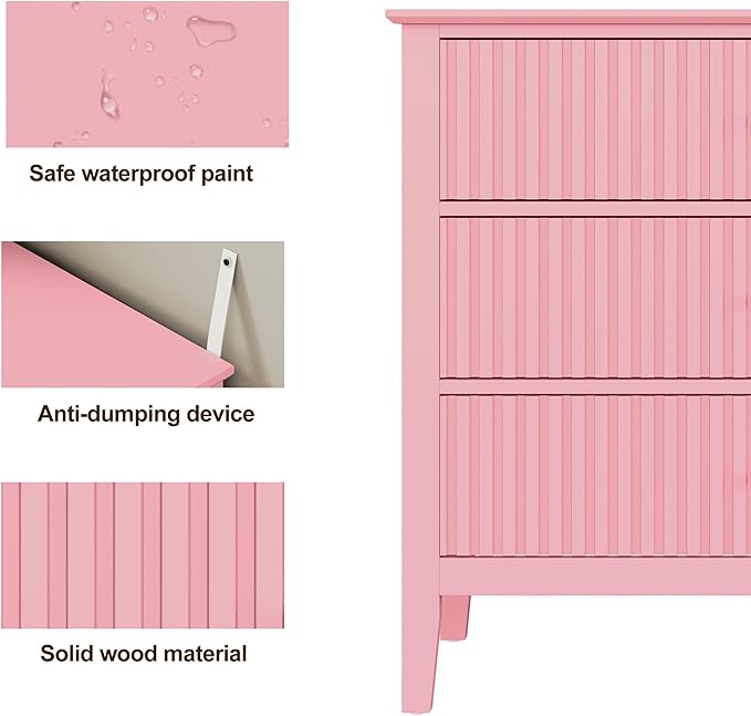 RoyalCraft 32" Large Nightstand Set of 2, Fluted Painted Bedside Table with 3 Spacious Drawers, Modern Tall End Table for Bedroom, Pink