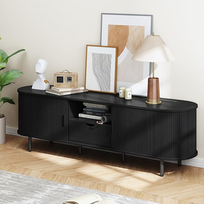 ONBRILL 69" TV Stand with Power Outlet for TVs up to 80", Entertainment Center with Storage and Drawer, TV Console with Adjustable Shelves and Sliding Door, TV Stand for Living Room, Bedroom, Black