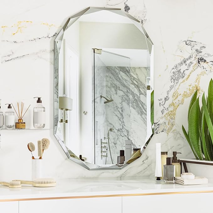 Suidia Bathroom Mirror, 26"x 38" Wall Mirror, Frameless Bathroom Mirror with Beveled Edge for Bedroom, Living Room, Entryway, Hallway, Oval Shape