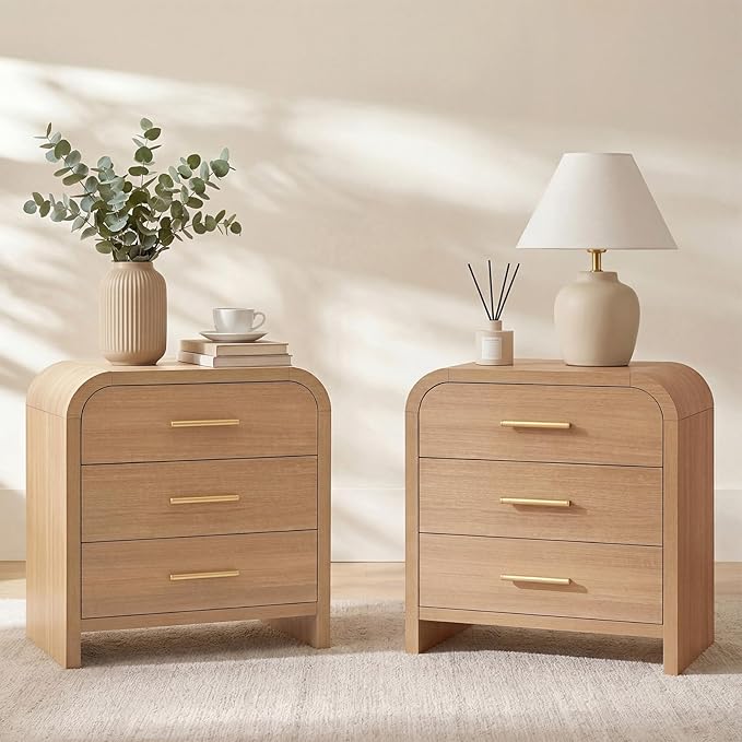 Night Stand Set of 2 [Unique Curved Profile] [FSC-Certified Wooden Board] 3-Drawer Nightstand 27" H Metal Handle Modern Sturdy Bedside Table