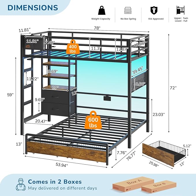 Twin Over Full Size Bunk Bed with 4 Storage Drawers and Bookshelf, Metal Bunk Beds with LED Lights, Charging Station, Loft Bunk Bed with Pegboard, Safety Guardrail and Ladders, for Kids, Teens, Adults