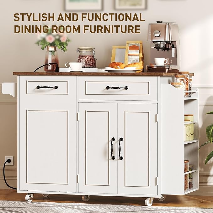 RALGEND Kitchen Island with Power Outlet & Drop Leaf, Mobile Rolling Cart with Trash Can Storage, 3-Tier Spice Rack, Island Table for Kitchen, Dining Room, White and Walnut