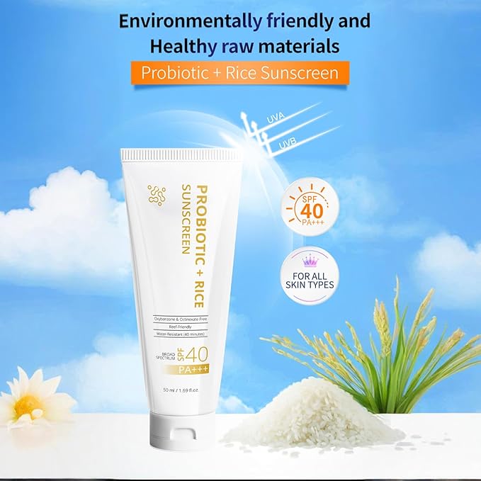 Rice + Probiotics Organic Sunscreen, Relief Sun Organic SPF40+ Sunscreens for Face and Body, Nourishing Skin Protection and UV Defen, Skin Care Sunscreen for All Types
