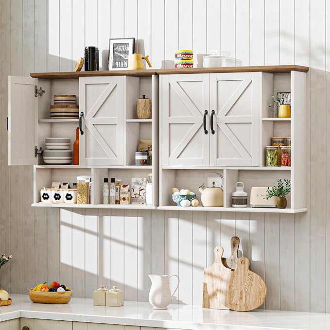 Bathroom Wall Cabinet, Farmhouse Medicine Cabinet with Double Barn Door and Adjustable Wood Shelf, Over The Toilet Storage Cabinet for Wall Mounted for Bathroom Laundry Room Kitchen (White and Brown)