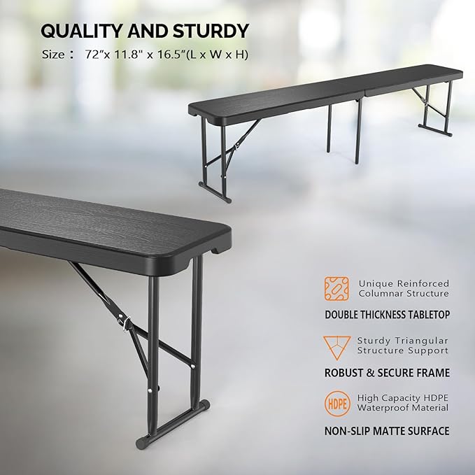 VINGLI 6 feet Plastic Folding Bench,Portable in/Outdoor Picnic Party Camping Dining Seat, Garden Soccer Multipurpose Entertaining Activities, Smooth HDPE Tabletop (2, Black, 6ft)