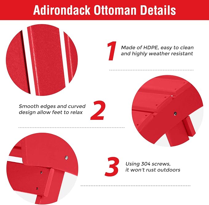 Costaelm Adirondack Chair Footrest, Patio Footstool, Ottoman Outdoor Foot Rest for Patio Waterproof, Adirondack Ottoman Patio Footstool, Red