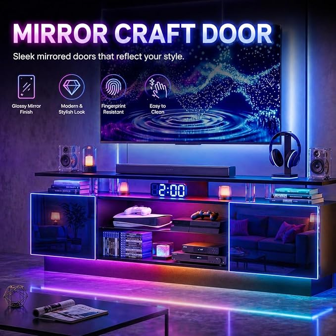 70” High-Glossy TV Stand with 2 Side Cabinets, Modern Stylish TV Console with 3 Layer LED Lights,Gaming TV Media Console with Adjustable Glass Shelf, Remote&APP Control, Black