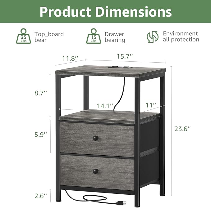 BOLUO Gray Nightstand with Charging Station, LED Night Stand with 2 Fabric Drawers, Bedside Table with USB Ports and Outlets, Nightstand for Bedroom Modern
