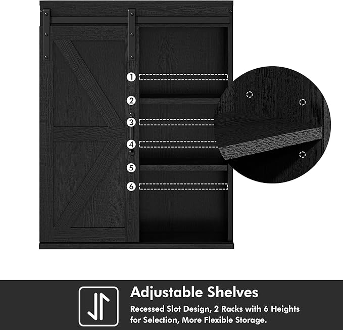 RUSTOWN Farmhouse Wood Wall Storage Bathroom Cabinet with Sliding Barn Door, Rustic Medicine Cabinet with Adjustable Shelf, 3-Tier Vintage Cabinets for Kitchen, Bathroom, Living Room (Black)