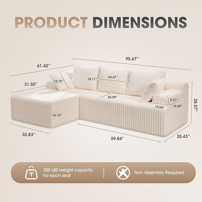 Hobestluk Modular Sectional Sofa Boneless Couch L-Shape Couch 3 Seat Modular Couch Memory Foam Sectional Couches for Living Room Furniture, Cloud Couch with Chaise Lounge (96" Left Facing Chaise)