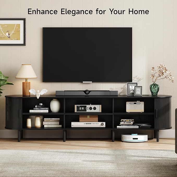 ONBRILL 86.6" TV Stand with Power Outlet for TVs up to 90 Inch, Entertainment Center with Storage and Adjustable Shelves, Modern Media Console with Sliding Doors for Living Room, Black