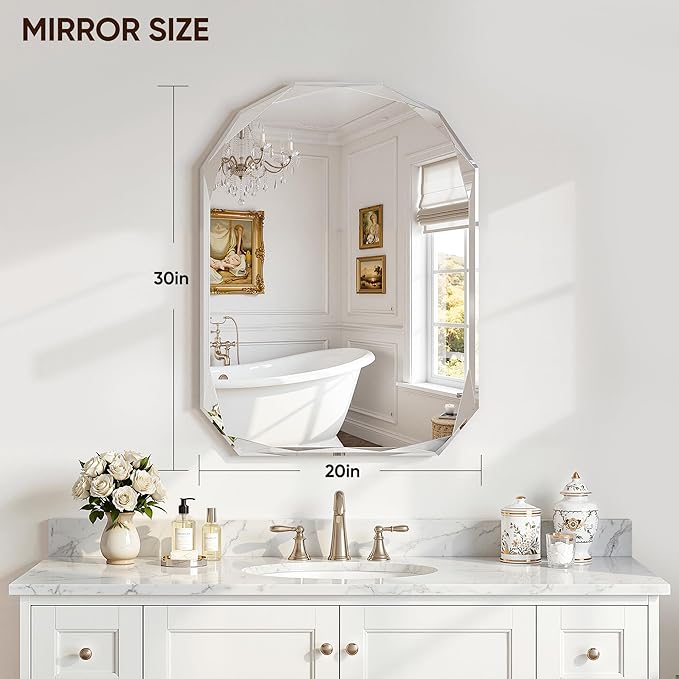 Suidia Bathroom Mirror, 20"x 30" Wall Mirror, Frameless Bathroom Mirror with Beveled Edge for Bedroom, Living Room, Entryway, Hallway, Arched Shape