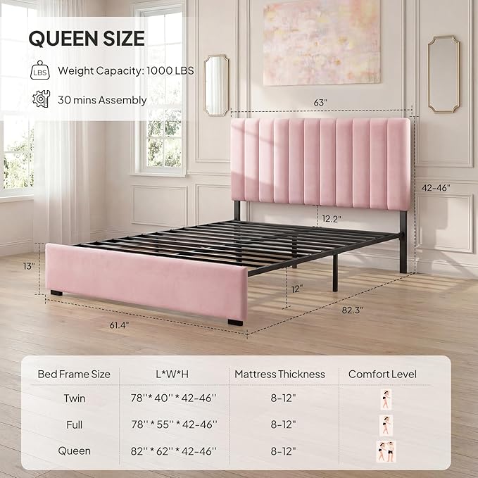 Welzona Upholstered Bed Frame Queen Size with Headboard, Velvet Vertical Channel Tufted Metal Platform Bed with 3-Level Height, Under-Bed Storage and Metal Support, Noise Free, Easy Assembly, Pink