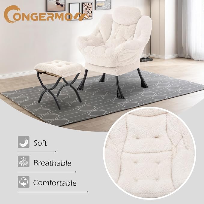 Lazy Chair with Folding Ottoman,Leisure Sofa Chair,Soft Fabric Armchair with Armrests and Side Pockets, Reading Chair with Footrest for Living Room, Bedroom, Office (Plush Beige)