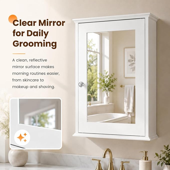 VINGLI Bathroom Wall Cabinet Wall Mount Mirrored Medicine Cabinet with Mirror Storage Organizer with Single Mirror Door and 2 Adjustable Shelves White