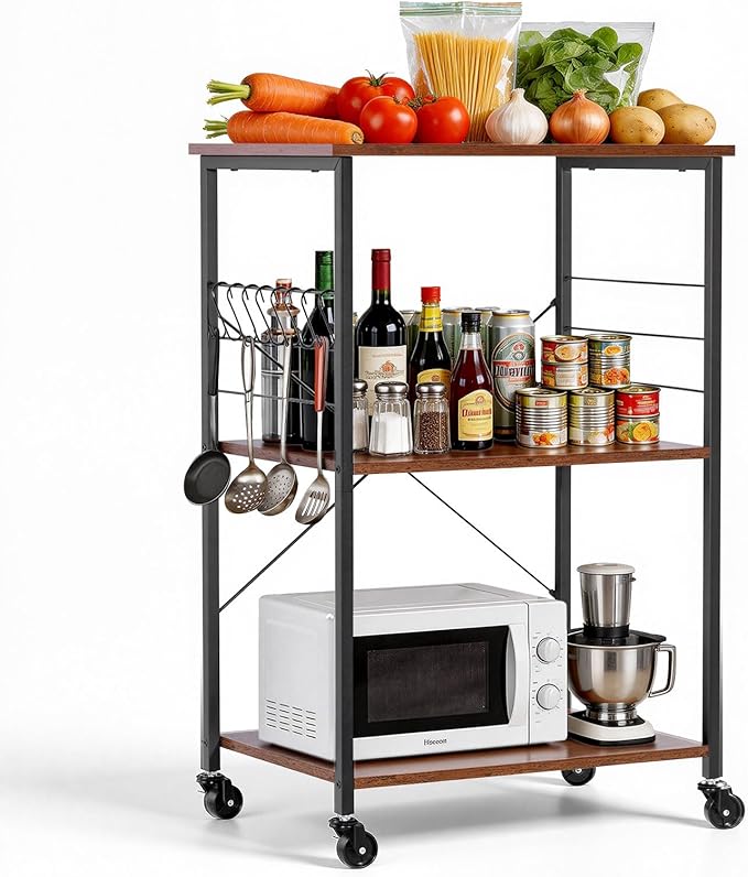VEVOR Kitchen Utility Cart, 3 Tier 23.7 in Microwave Stand Coffee Cart, Heavy Duty Storage Rack, Service Trolley on Wheels, Industrial Rolling Work Table with 8 Hooks, for Mini Oven, Toaster, Vintage