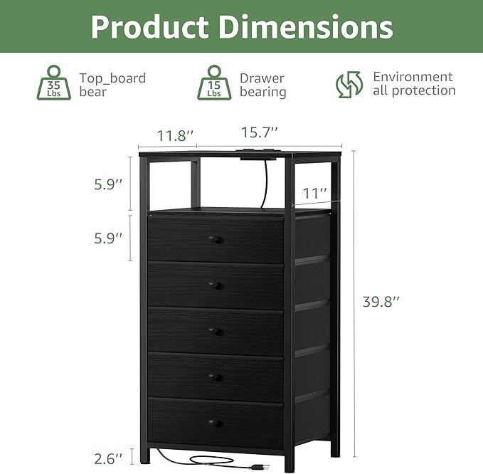 BOLUO Black Dresser with 5 Drawers Tall Nightstand with Charging Station and LED Light, Bedside Table Room Storage Drawers Closet