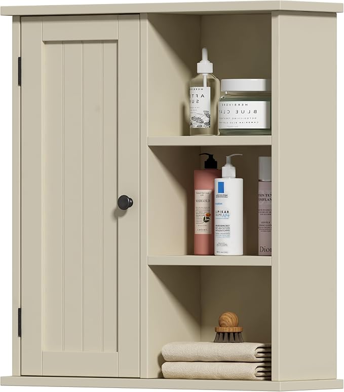 Treocho Bathroom Wall Cabinet, Medicine Cabinet with Door and 3 Open Shelves, Wall Mounted Storage Organizer for Bathroom, Kitchen, Living Room, Yellow
