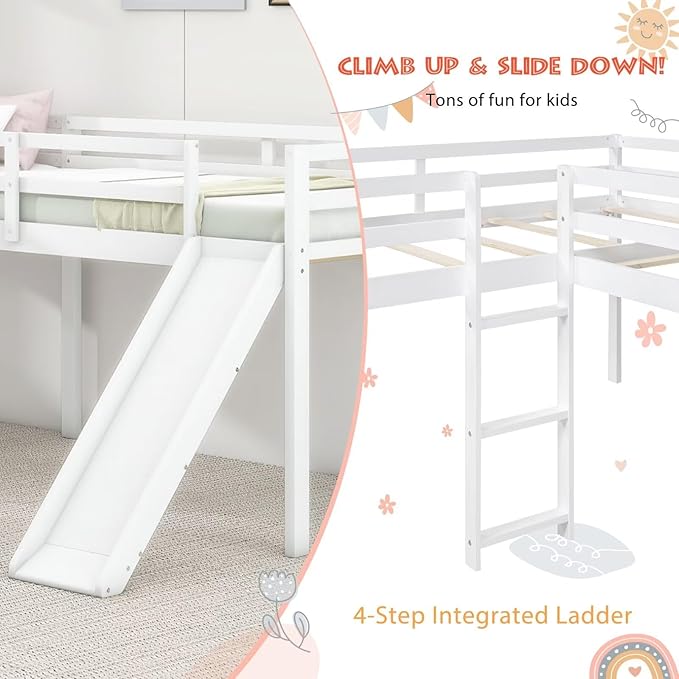 Merax Twin Size Double Loft Bed with Slide and Ladder, Wooden L-Shaped Bed Frame with Full-Length Guardrail, Wood Bedframe for Kids Teens Adults Bedroom, 2 Twin Beds,White