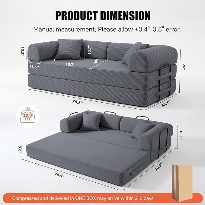 79” Compressed Sofa, 6-in-1 Convertible Sofa Bed, Corduroy Compression Boneless Couch in a Box, Comfy Modular Foldable Floor Sleeper Sofa for Bedroom, Living Room (Dark Gray)