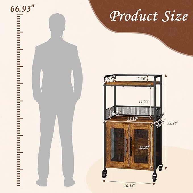Hencawima Small Coffee Bar Cabinet with Storage, 3-Tier Rolling Coffee Bar Table, Farmhouse Coffee Cart Station with 2 Doors for Living Room, Dining Room, Rustic Brown